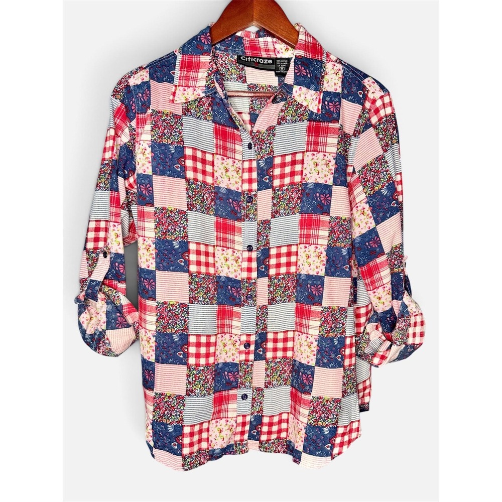 Vintage 100% Cotton Patchwork Button-Up Shirt Cottagecore | Size Medium - Picture 4 of 5